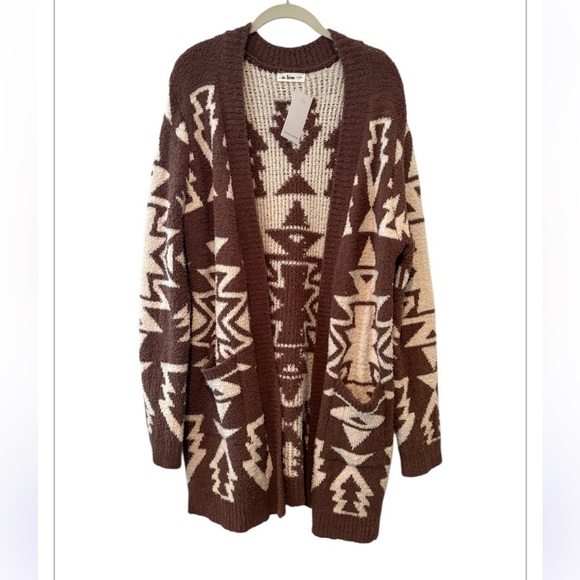 NWT in Loom Brown  & Cream Aztec Southwestern Open Cardigan Pockets M/L - Picture 2 of 10
